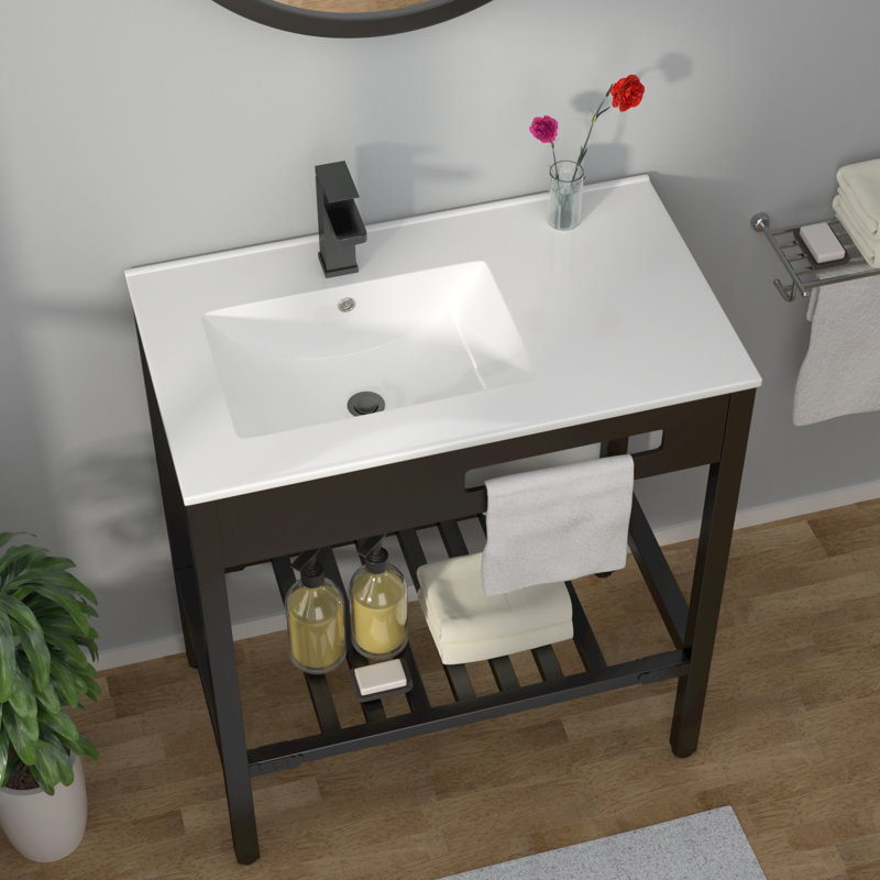 28"L x 20"W Ceramic Console Bathroom Sink Rectangular Porcelain Freestanding Basin with Overflow,Stainless Steel Bracket