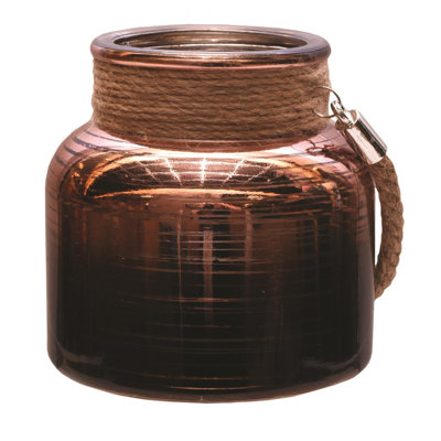 Copper Brown Circular Pillar Candle Holder Lantern with Handle