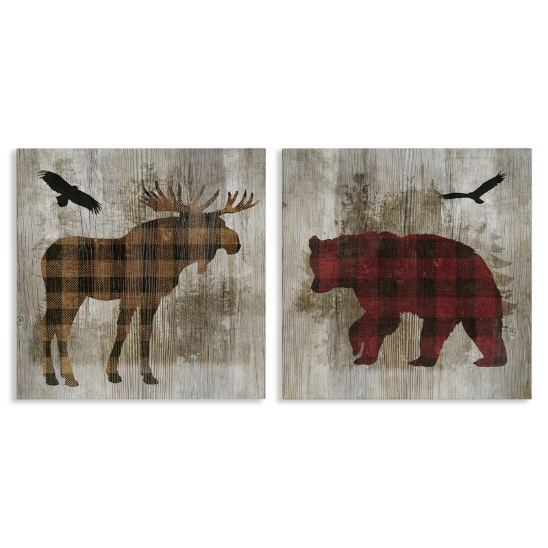 «Woodland Creatures Plaid Silhouettes», ensemble d'art mural sur toile 2 pièces, design par Susan Arnot, H 17 po x l 17 po