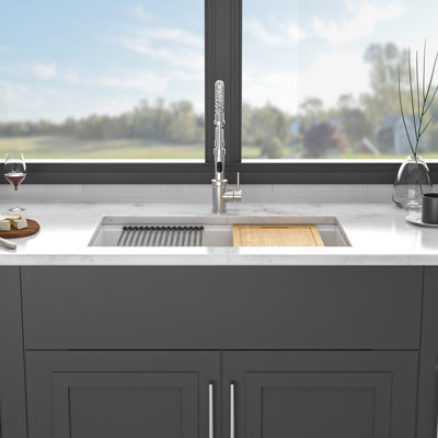 White, Quartz, 30x19", Kitchen Sink, Workstation, Undermount, Smooth, Non - Porous Surface, Reduces Vibration, Basket Strainers, Installation Guide 30x19" White Composite Undermount Workstation