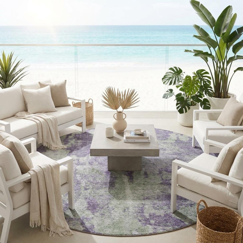Tapis d'intérieur rond lavable abstrait mauve et vert 8 pi HomeRoots