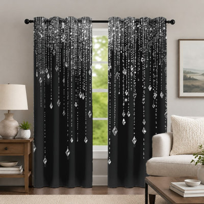 2Pcs Black and Silver Diamond-Pattern Curtains, Elegant Style Curtain, Modern Glitzy Sparkle Printed Art Grommet Drapes, Window Treatment for Bedroom Living Room Decor