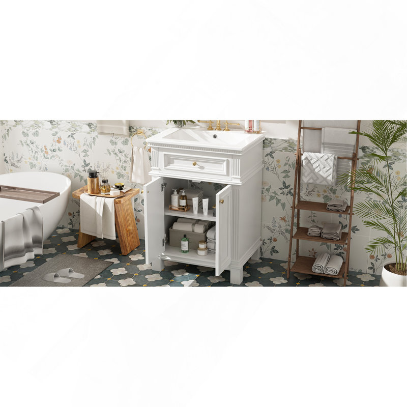 24'' Vintage Elegance Bathroom Cabinet with Soft Closing Doors and Adjustable Shelf, Bathroom Vanity with Ceramic Sink, White