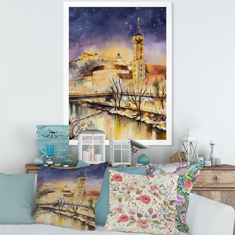 «Vintage Church By The River In Old Europe», peinture sur toile, Toile blanche avec cadre d'angle fermé, H 32 po x l 16 po