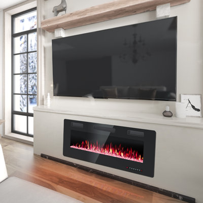 Foyer électrique ultra-mince, radiateur encastré mural et encastré avec télécommande, 5100 BTU, modes flamme et cristal en 12 couleurs, minuterie, mode veille