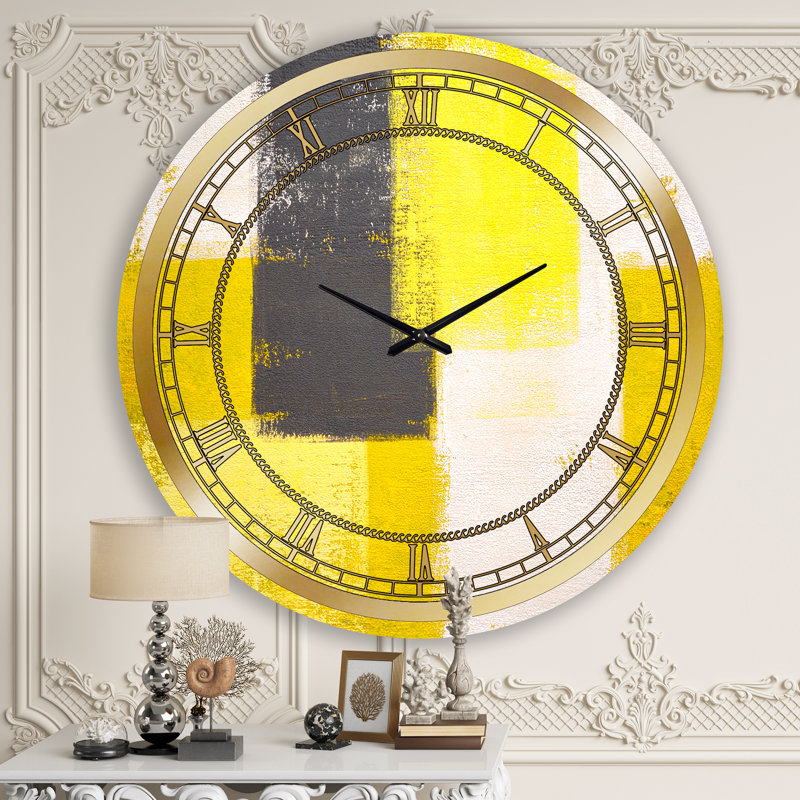 Gris et jaune bleu abstrait I - horloge murale moderne, Grand