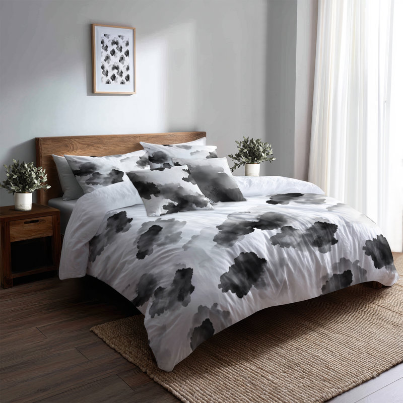 Ensemble de literie moderne 5 pièces - Ensemble de housse de couette et de coussins décoratifs Black Ink Cloud