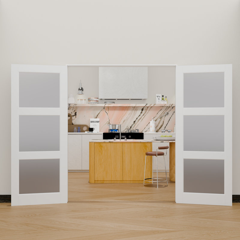 Porte double intérieure en verre givré 3 Lite - Dalles blanches en panneau de fibres à densité moyenne avec cadre pré-monté