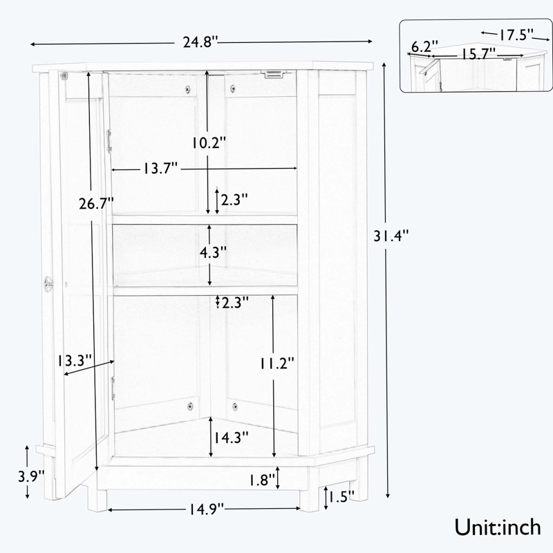 White Bathroom Cabinet Triangle Corner Storage Cabinet with Adjustable Shelf Modern Style MDF Board