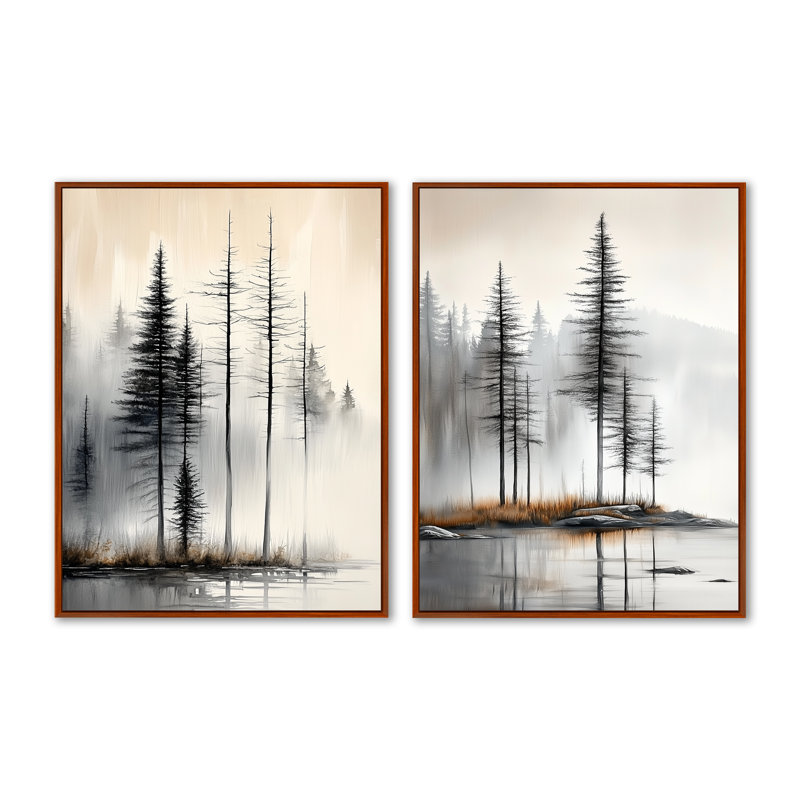 Pins d'été brumeux - Ensemble de 2 impressions encadrées de pins, 32" H x 48" W, Brown Floater Framed