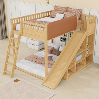Wood Loft Bed with Slide and Storage
