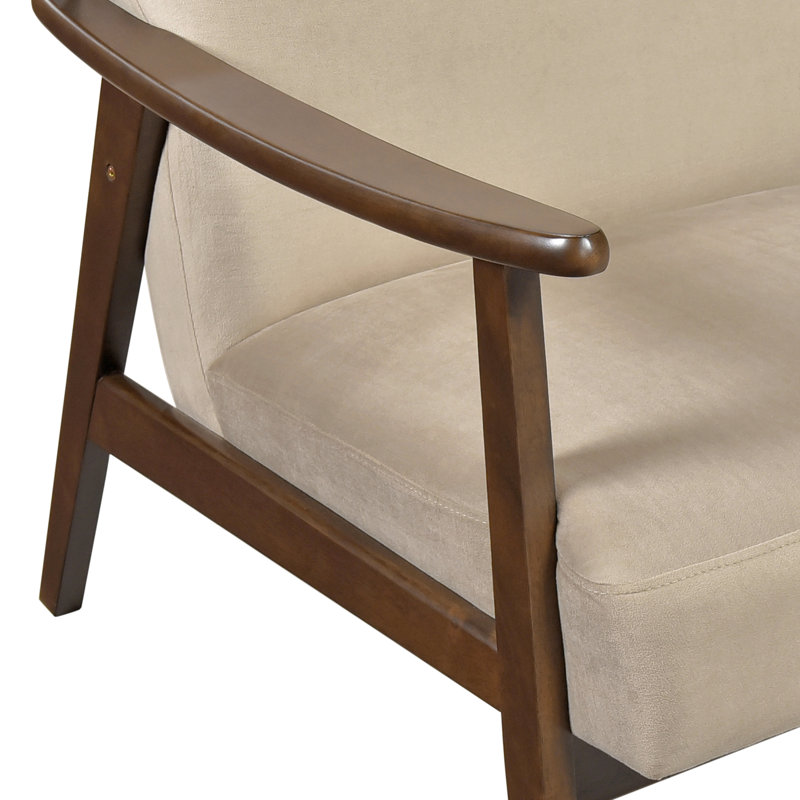 Chaise en velours brun de style Mid-Century moderne, structure en bois au fini noyer foncé, coussins en mousse pour une assise pratique, soutien