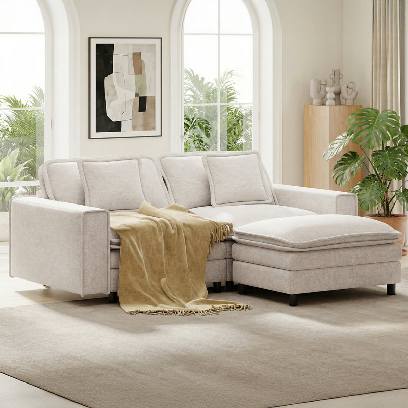 75" Wide Comfy Cloud Loveseat Sofa With Ottoman - L-Shape 2-Seater Couch Sofa For Small Living Spaces, Cream