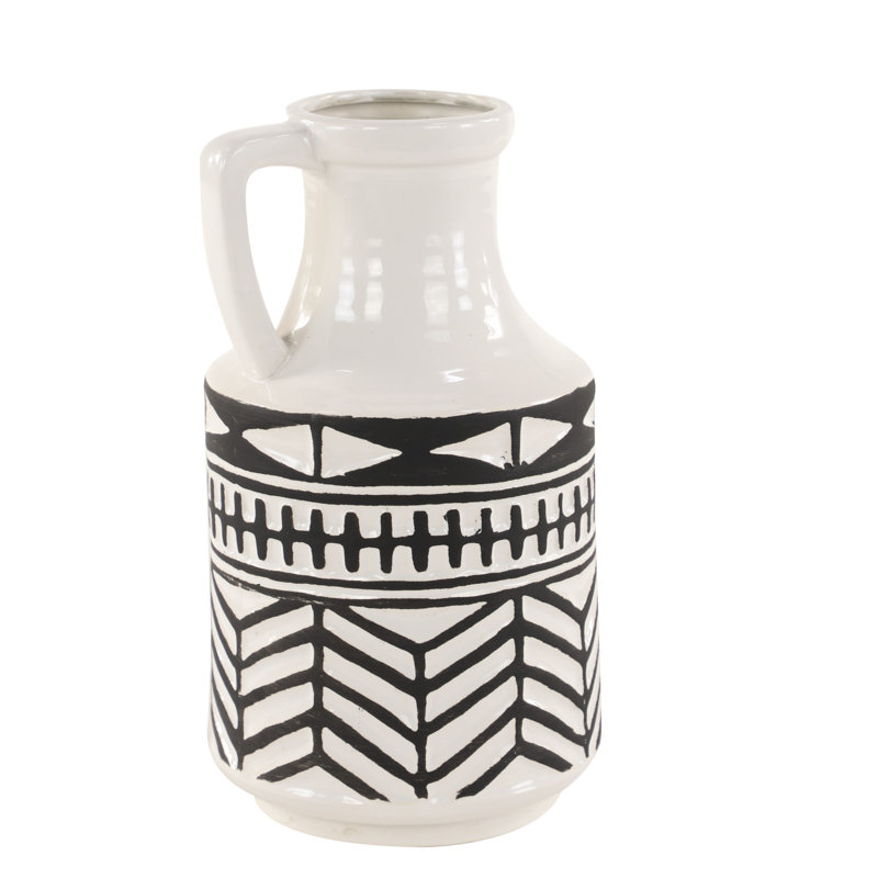 Grand vase rond en céramique noir et blanc imperméable avec poignée et motif géométrique éclectique, 8 po x 13 po