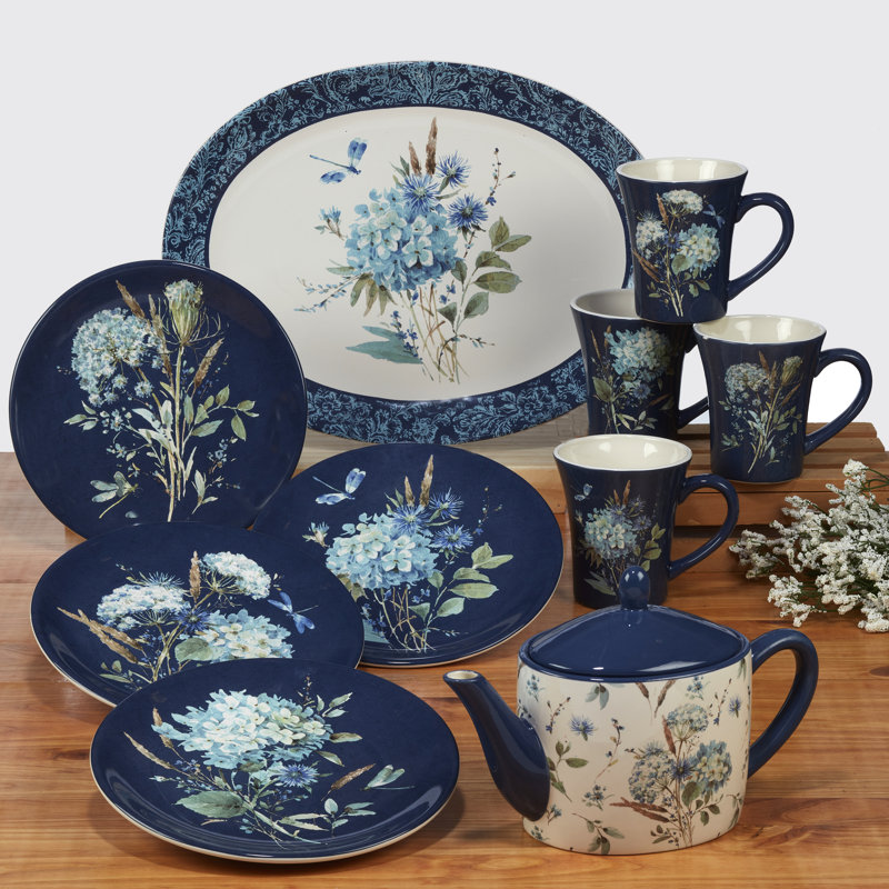 Bohemian Blue Floral Ceramic 16-Piece Dinnerware Set, Service for 4