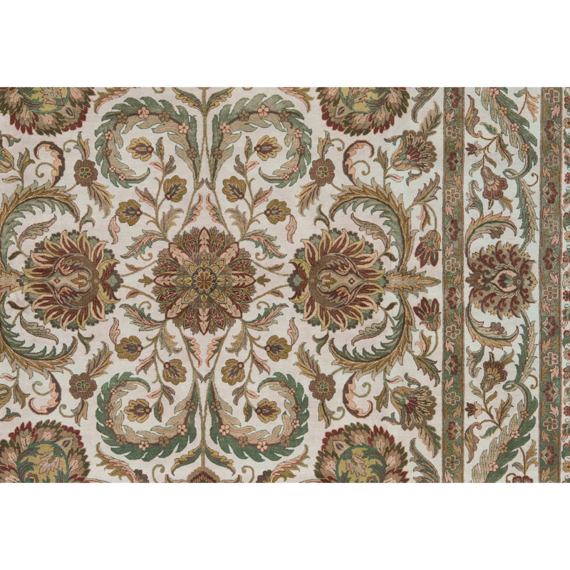 Tapis vert et ivoire noué à la main de haute qualité