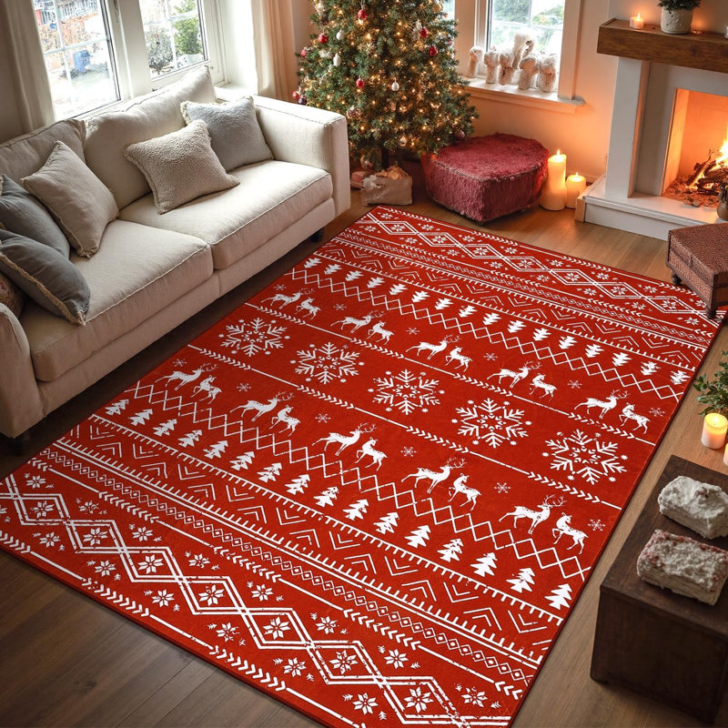 Tapis de Noël lavable et antidérapant à motif flocons de neige pour salon