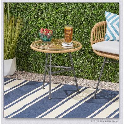 Orlando Outdoor Glass Top Faux Rattan Side Table, Tempered Glass Top For Balcony And Porch, Durable And Stylish