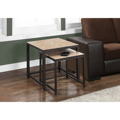 2 Metal Nesting Tables, Brown, For Living Room & Bedroom, With Elegant Brown Designs Surfaces