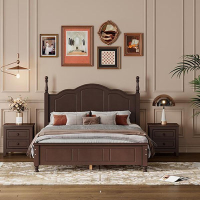 Structure de lit double en bois pleine grandeur, lit plateforme de style rétro avec support en lattes de bois, noyer foncé