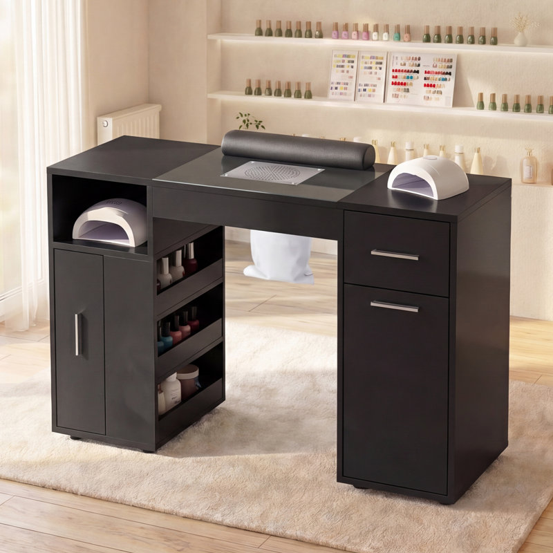 Nail Desk,Professional Manicure Table with Wrist Rest&Drawers&Cabinet,Nail Station Beauty Tech Desk with Electric Dust Collector&Dust Bags,Glass Tabletop Nail Table with Pull-out Locker&Wheel (Black)