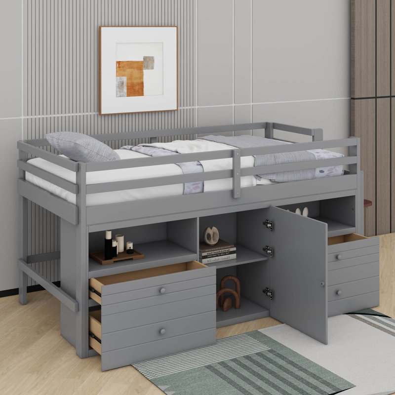 Lit mezzanine simple avec 4 tiroirs, armoire et tablettes, Gris