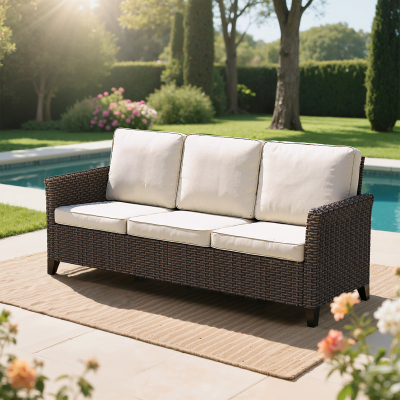 All-weather Wicker 3-seat Patio Sofa With Curved High Back, Washable Plush Cushions, Perfect For Porch, Deck, Garden & Small-space Seating-Beige