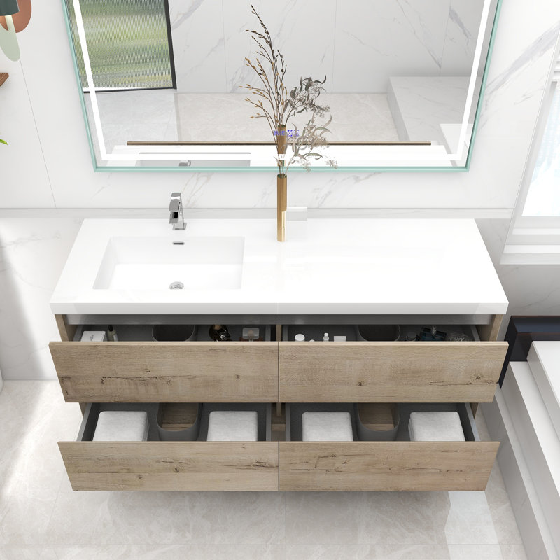 Antheny 59 " W Wall Mounted Wall Mounted 1 Single Vanity Bathroom Vanity With Acrylic Top, Light Oak