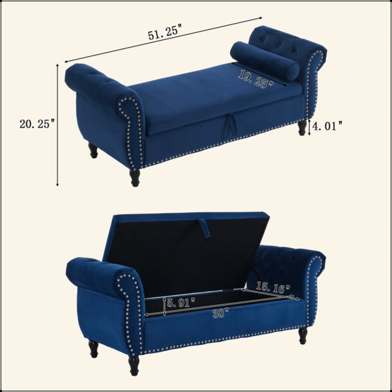 Banc repose-pieds rectangulaire en velours avec rangement et 1 coussin décoratif, Bleu marine antique