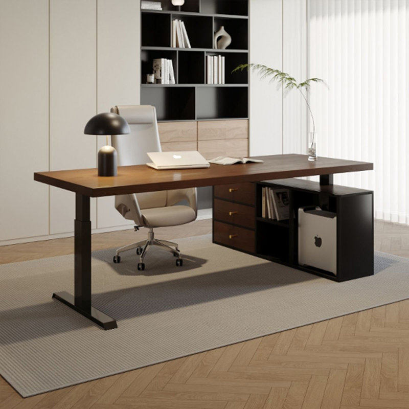 Brown + Black Rectangular Solid Wood desks, 47.24" H x 62.99" W x 31.5" D, Left Hand Return