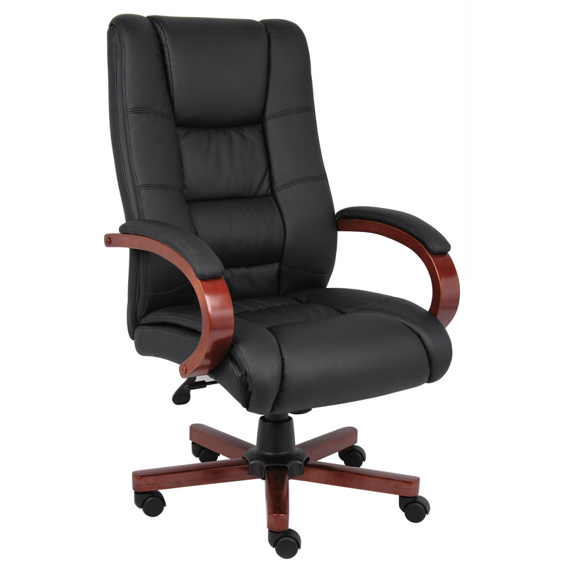 Elegant High-Back Executive Swivel Chair with Wood Accents, Black