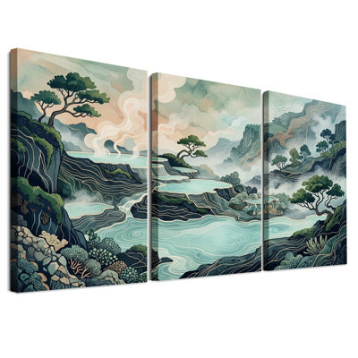 Ensemble de 3 toiles murales représentant des bassins en terrasses topographiques et des montagnes brumeuses