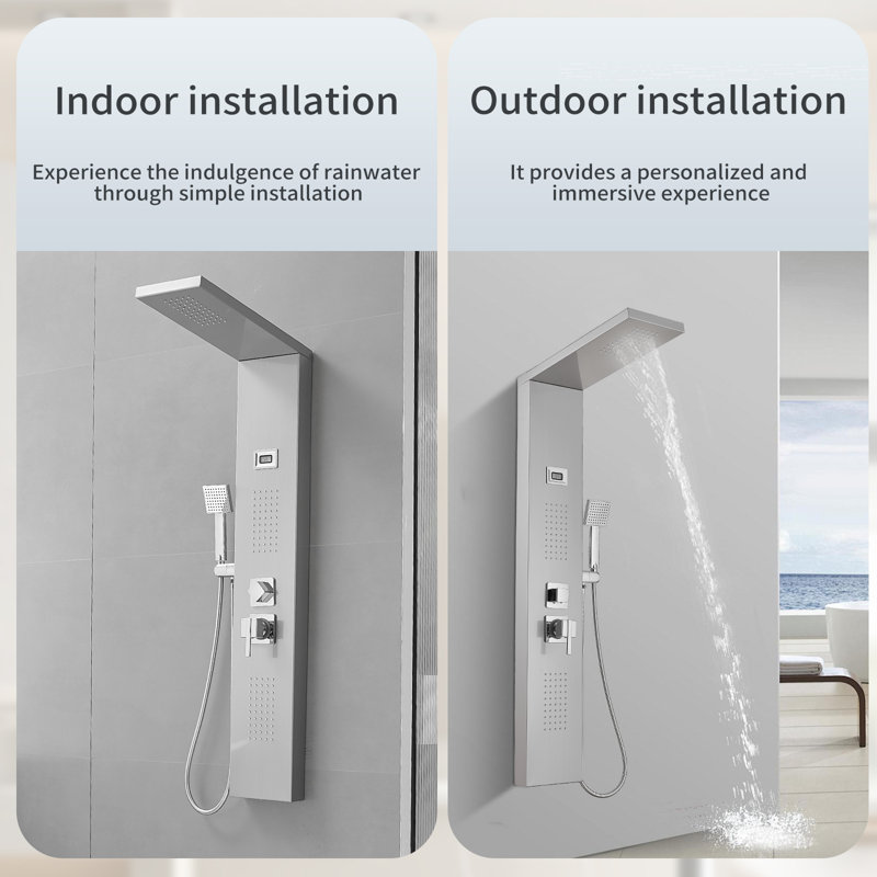 3-way Diverter Shower Tower Panel System with Fixed Shower Head, Nickel Chrome