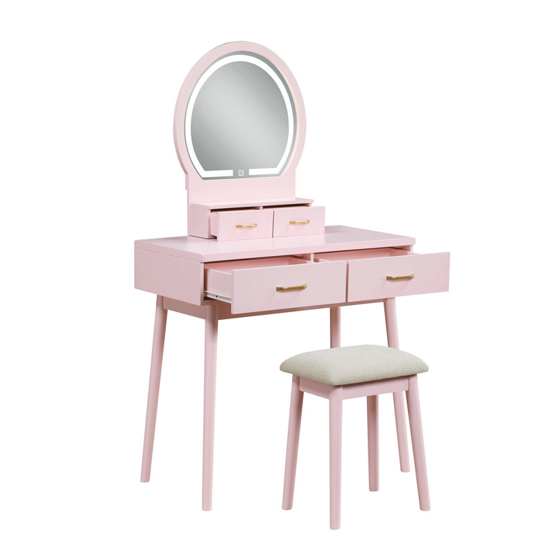 Beautiful Pink Finish Vanity Dresser With Mirror And Stool Set Storage Drawers Bedroom Furniture 1Pc, Pink