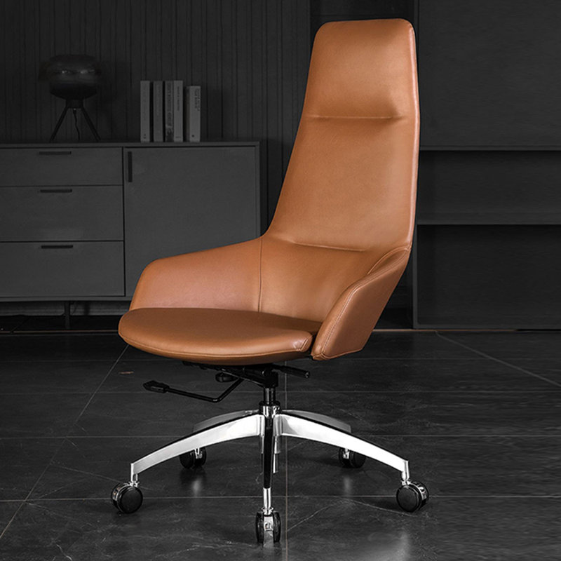 Chaise de bureau réglable en cuir véritable brun et argenté, similicuir et alliage d'aluminium