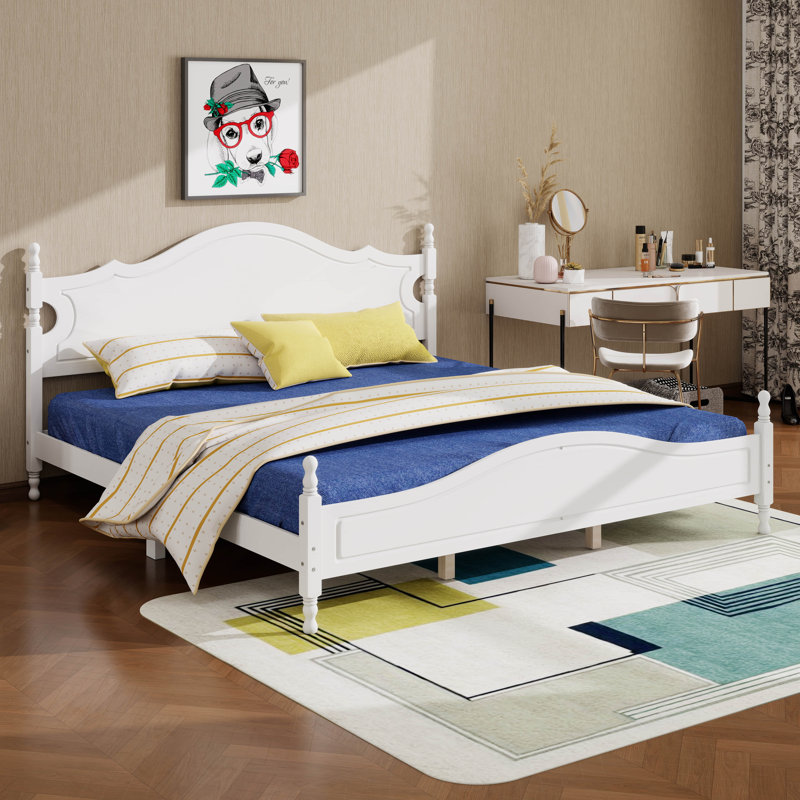 Lit plateforme rétro en bois avec tête de lit haute, cadre de lit en bois avec support en lattes de bois, White