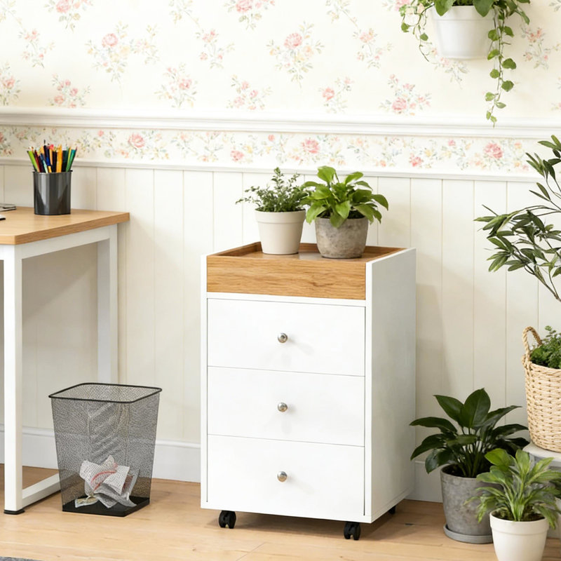 Petite armoire de bureau sous le bureau avec trois tiroirs et plateau amovible, quatre freins à roues, panneau de particules revêtu, utilisation, bureau à roulement à roulettes blanc, couleur