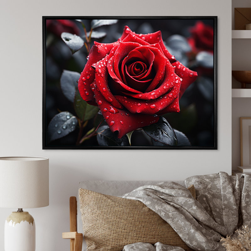 «Atthew Water Drops on Red Rose Majesty II», reproduction, 12" H x 20" W, Cadre flottant noir