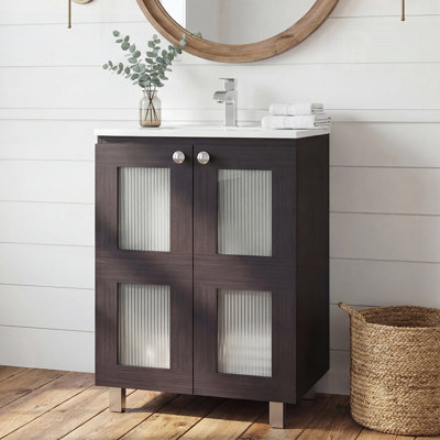 Meuble-lavabo de salle de bain avec portes en verre givré, lavabo en résine et 2 tablettes intérieures pour salles de bain compactes rétro et modernes