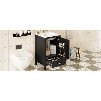 Meuble-lavabo compact de 20 pouces avec rangement intelligent, tiroir à fermeture en douceur et porte à double couche pour un rangement optimal Poignée élégante, mécanisme, petite organisation de tiroir