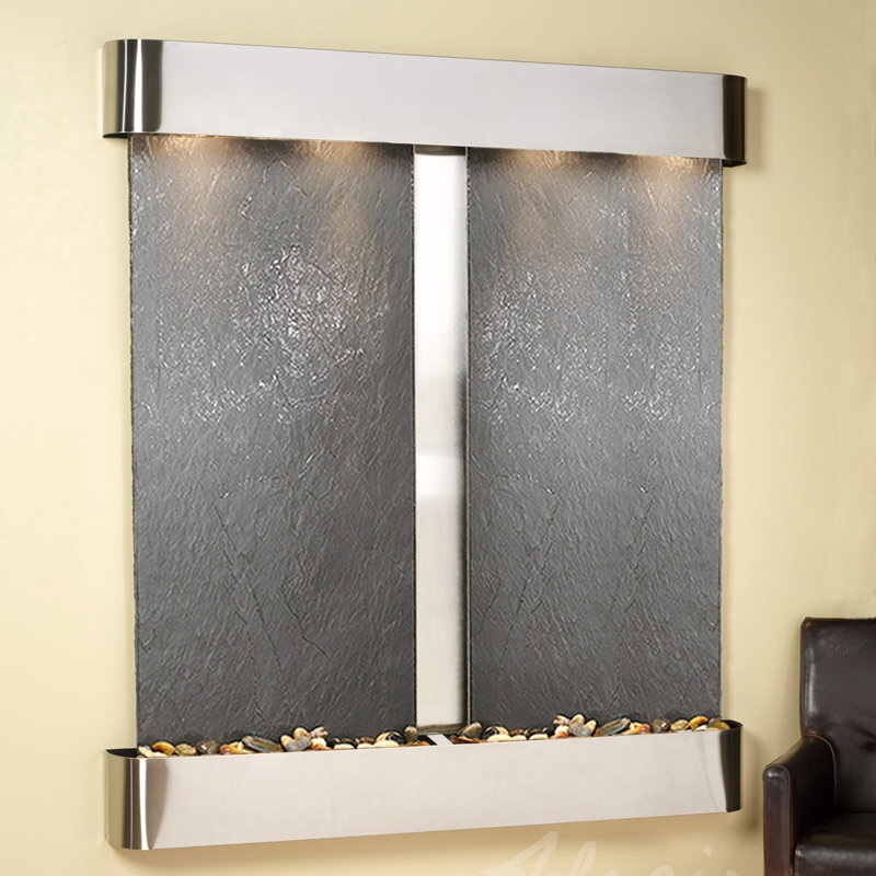 Cottonwood Falls Fountain with Light, Black Feather, Stainless Steel, Rounded
