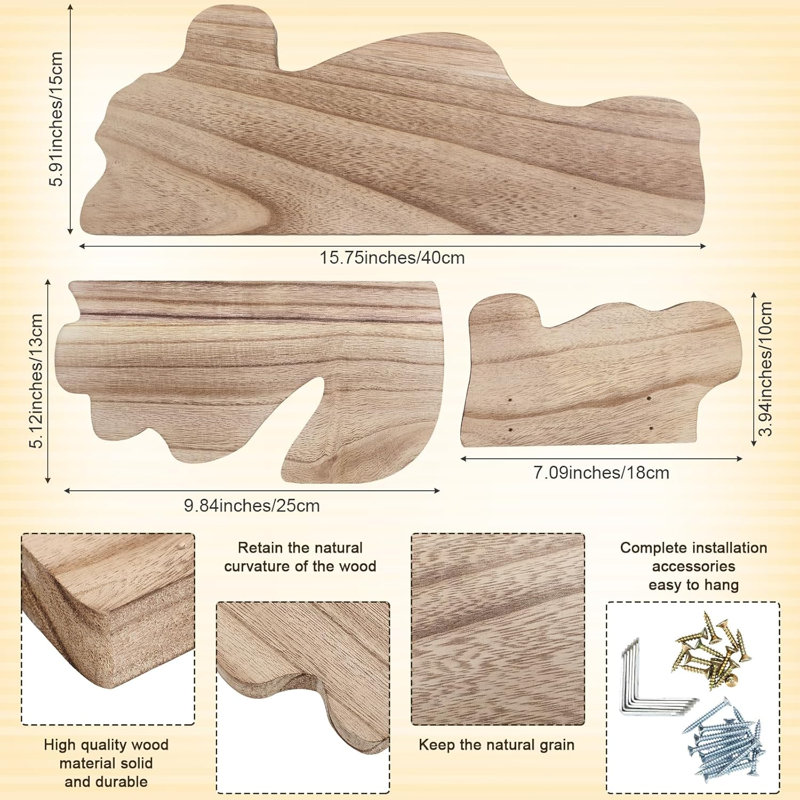 Ensemble de 3 tablettes flottantes avec rebord de présentation mural en bois rustique Wave Edge - Live Edge, Naturel
