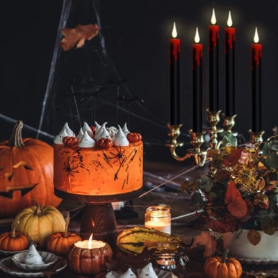 Halloween Black Taper Flameless Candles Battery Operated With Remote Timer, 4 Pcs Drip Wax Flameless LED Candle Sticks With 3D Flickering Flame For Window Fireplace Decor (0.78 X 8.9 Inches)