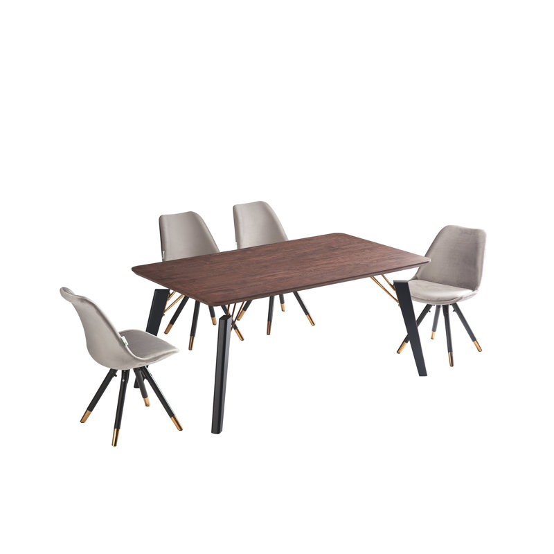Gualtier 4 Person Dining set - a Rectangular Wooden Dining Table with Metal Legs and a Set of 4 Quilted Velvet Dining Chairs for Dining Room - Modern Dining Table Set