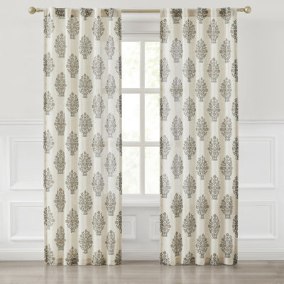 Sofia Flower Block Bouquet Linen Textured Window Curtain Panels Clay/Teal Pair 37x84