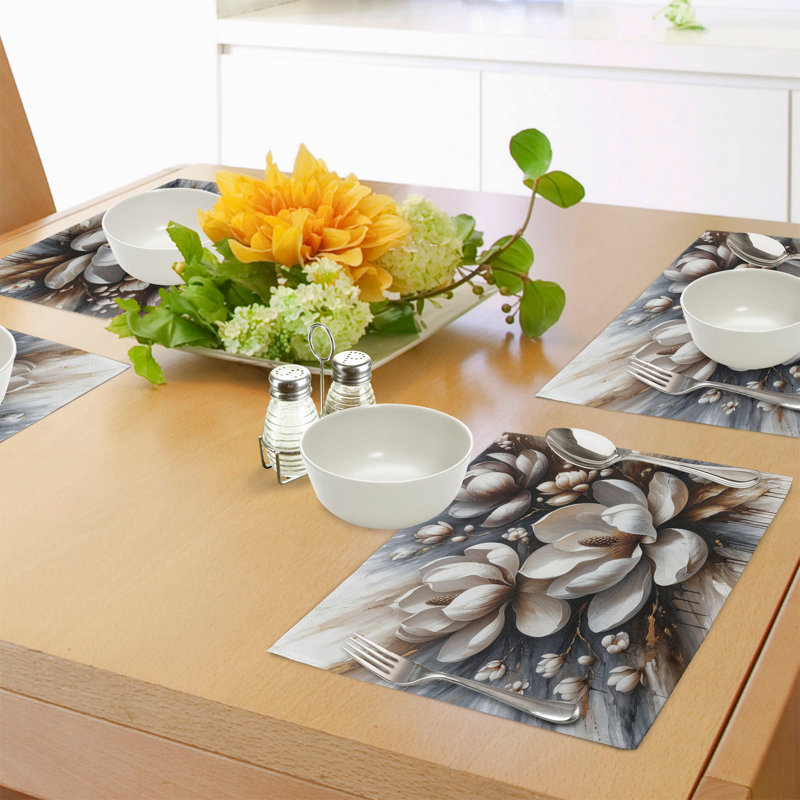 Umber and Blue Grey Floral Polyester Rectangle Placemats Set of 4