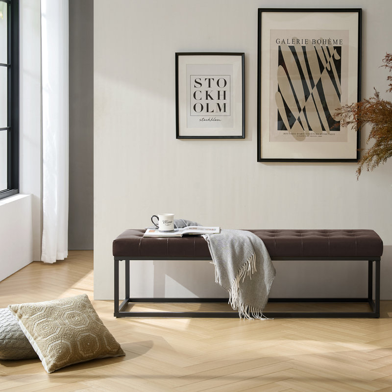 Anahli Jemaine 60.5'' W Mid-Century Modern Vegan Leather Bench with Metal Legs, Brown