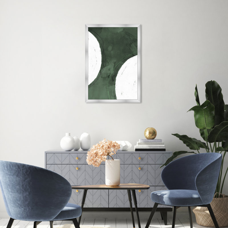 "Green Moon" by Oliver Gal Abstract Floater Framed Canvas Painting Print , Silver, 32" H x 22" W x 0.5" D