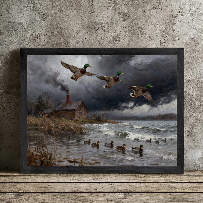 «Black Dramatic Duck», art mural scène de chasse, impressions de paysage faunique rustique Moody, H 25 po x l 37 po