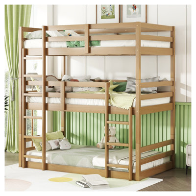 Lit superposé triple en bois d'hévéa massif, cadre de lit superposé en bois à 3 niveaux avec garde-corps et échelle, lit superposé robuste pour enfants, adolescents et adultes, aucun sommier nécessaire